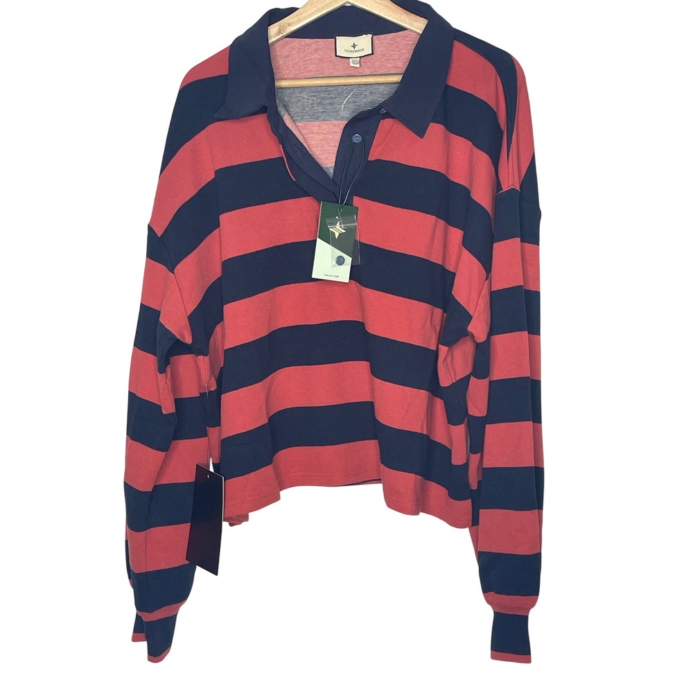 Tuckernuck Women Striped Rugby Shirt Navy Blue Red Long Sleeve Cropped XXL NWT